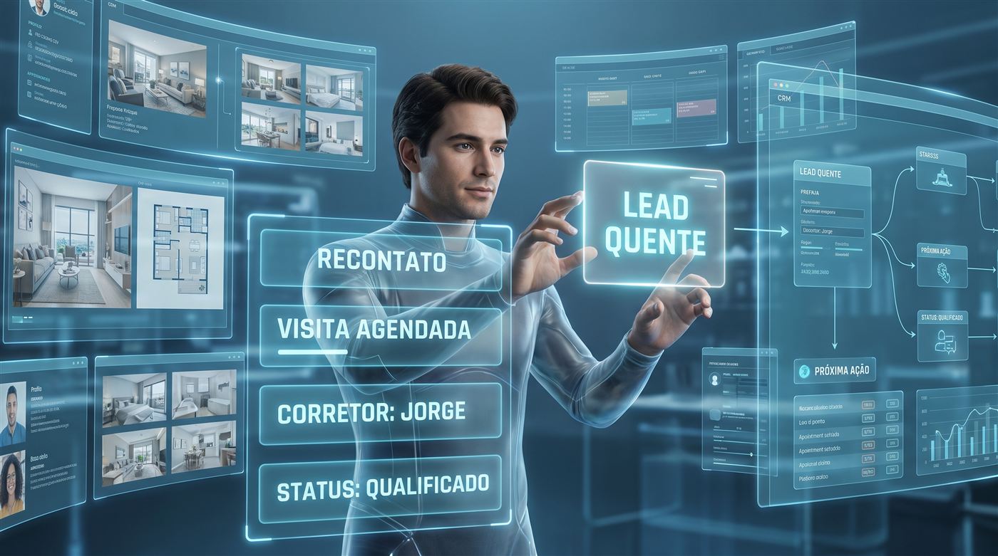 Corretor usando painel de IA com lead quente, próxima ação e status de qualificação em tempo real