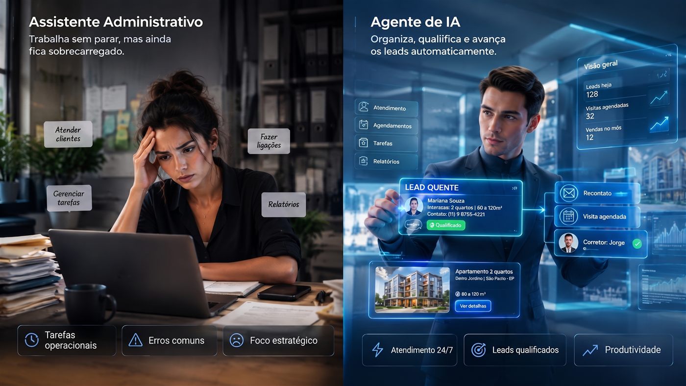 Comparação entre assistente administrativo sobrecarregado e agente de IA organizando e qualificando leads automaticamente